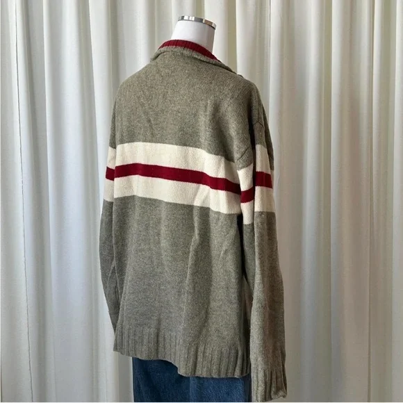 GAP Olive Green, Cream & Burgundy Half-Zip Stripe Sweater - Picture 6 of 8